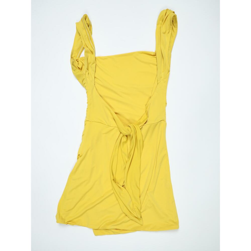 Sunshine Yellow Ruched Bodycon Mini Dress Open Back Knot Detail Y2K Going Out - Picture 10 of 16